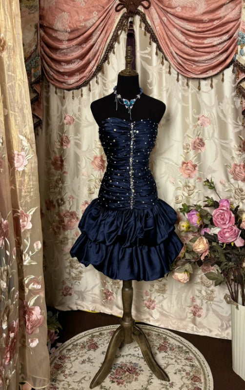 Strapless Navy Blue Satin Birthday Dress Beaded Short Dress P502