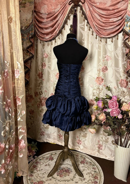 Strapless Navy Blue Satin Birthday Dress Beaded Short Dress P502