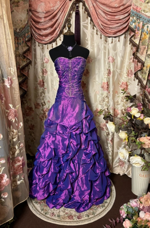 Sweetheart Purple Satin Prom Dress Beaded Long Evening Dress P503