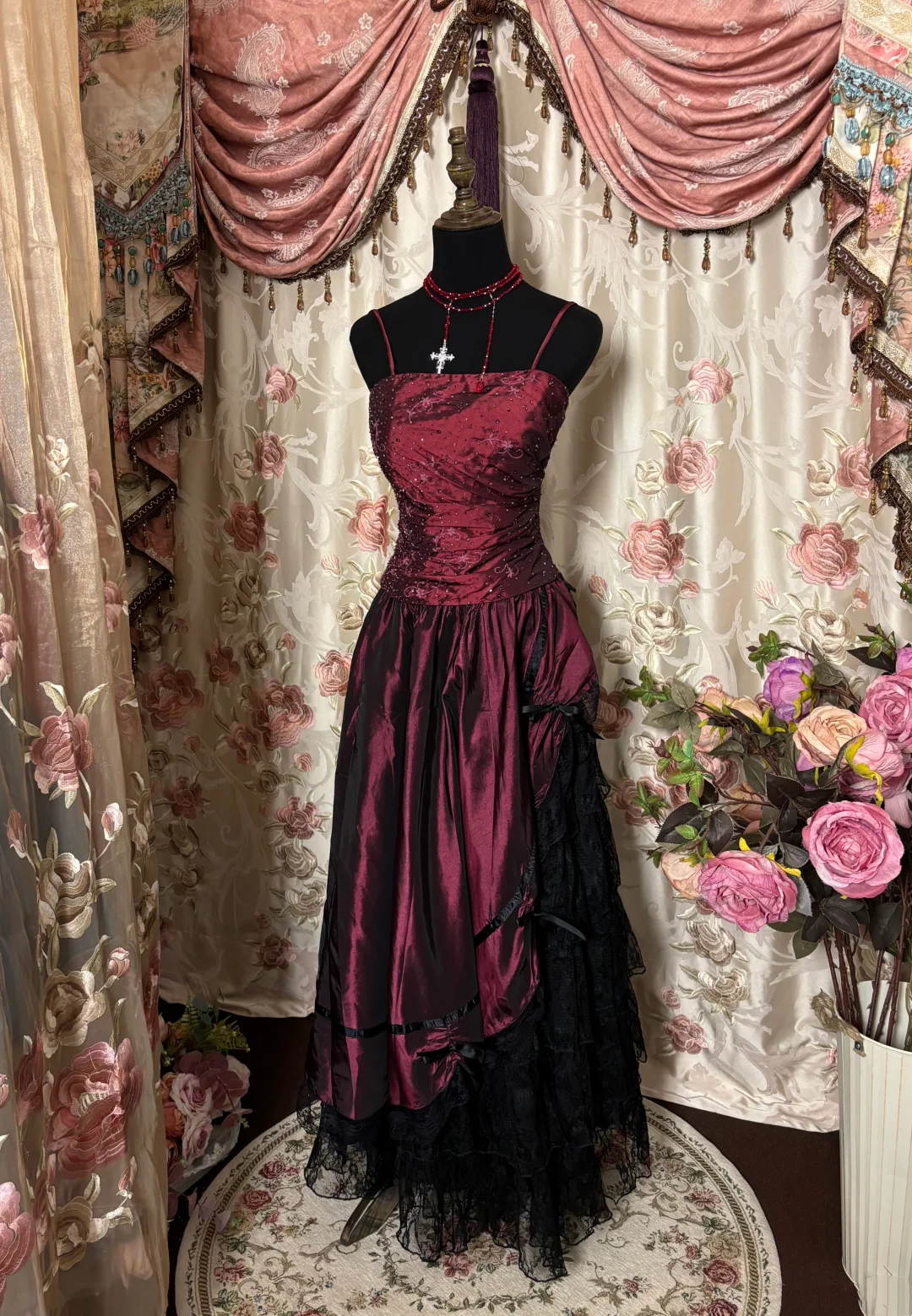 Burgundy Satin Black Lace Prom Dress Long Evening Dress P504
