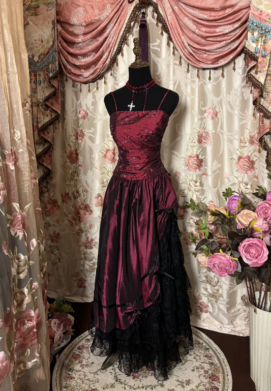 Burgundy Satin Black Lace Prom Dress Long Evening Dress P504