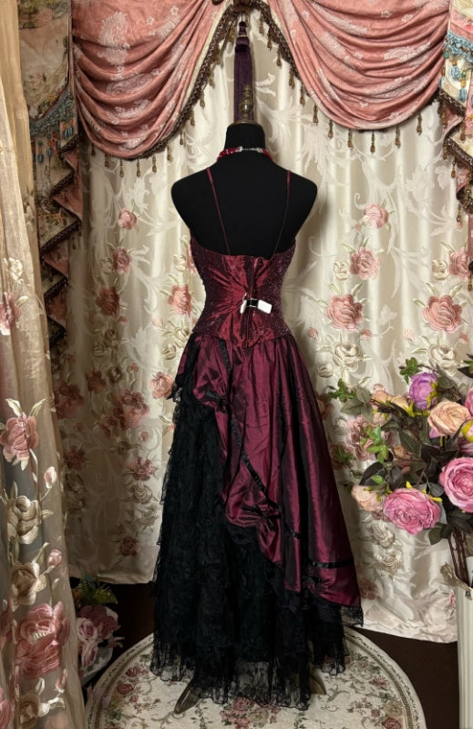 Burgundy Satin Black Lace Prom Dress Long Evening Dress P504