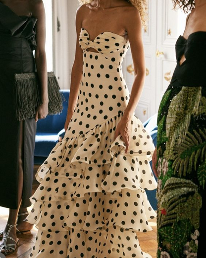 Strapless Layered Polka Dots Chiffon Prom Dress Ruffled Wedding Guest Dress  P506