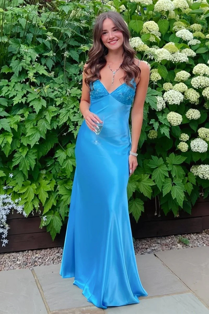 V Neck Blue Satin Long Prom Dresses With Appliques Sheath Evening Dress  P508