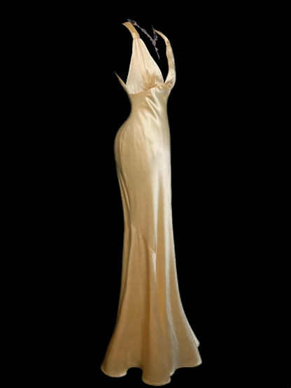 Backless Yellow Stain Prom Dress Mermaid Formal Dress P51