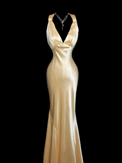 Backless Yellow Stain Prom Dress Mermaid Formal Dress P51