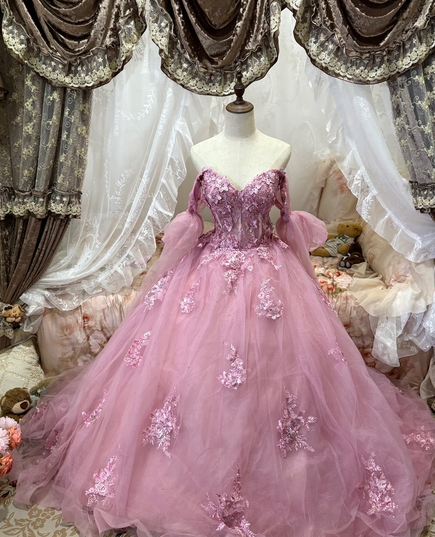 Off The Shoulder Pink Tulle Prom Dress Sweet 16 Birthday Dress Quinceanera Gown  P512