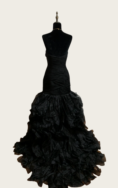 Sweetheart Mermaid Black Organza Prom Dress Ruffled Evening Dress  P515