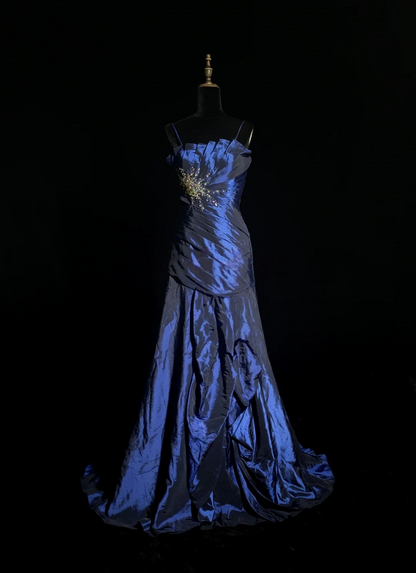 Spaghetti Straps Royal Blue Taffeta Prom Dress Beaded Retro Evening Dress   P516