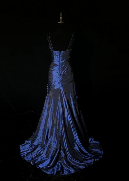 Spaghetti Straps Royal Blue Taffeta Prom Dress Beaded Retro Evening Dress   P516