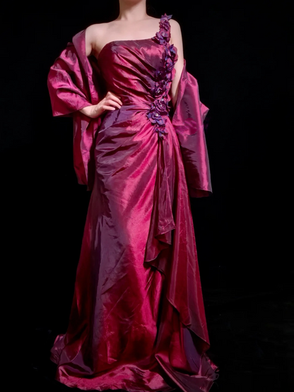 One Shoulder Burgundy A Line Prom Dress Retro Formal Evening Dress   P517