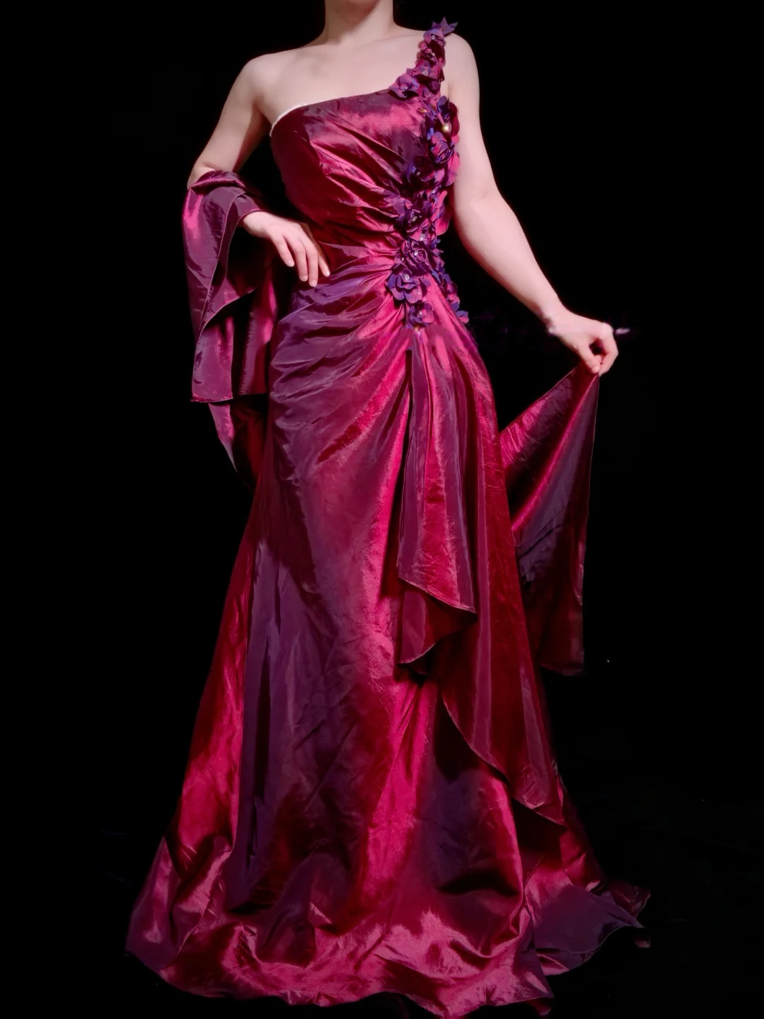 One Shoulder Burgundy A Line Prom Dress Retro Formal Evening Dress   P517