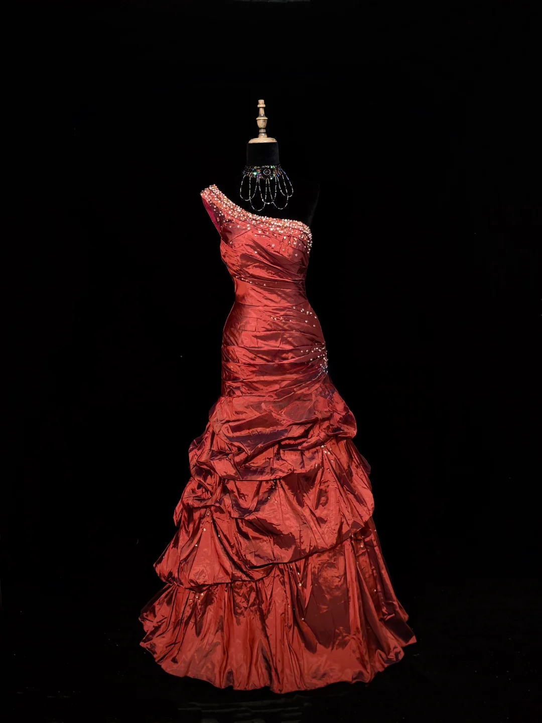 One Shoulder Red Taffeta Prom Dress Retro Ball Gown Evening Dress P519