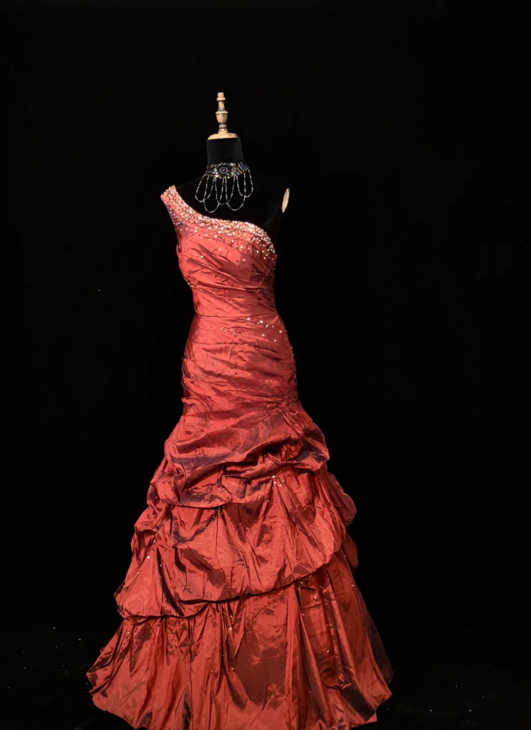 One Shoulder Red Taffeta Prom Dress Retro Ball Gown Evening Dress P519