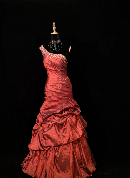 One Shoulder Red Taffeta Prom Dress Retro Ball Gown Evening Dress P519