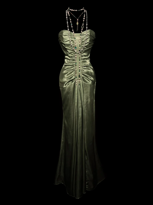 Strapless Green Stain Prom Dress Mermaid Formal Evening Dress P52