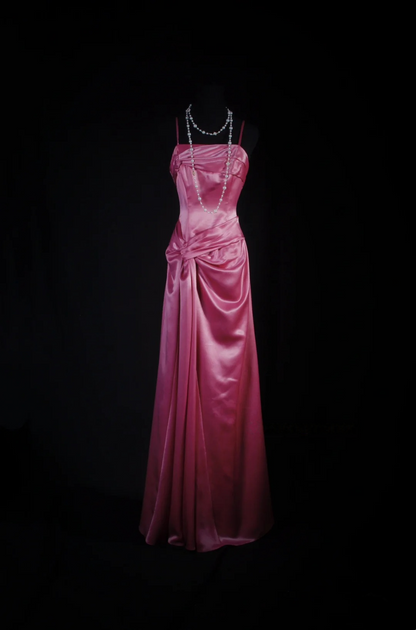 Spaghetti Straps Pink Satin Prom Dress A Line Evening Dress  P521