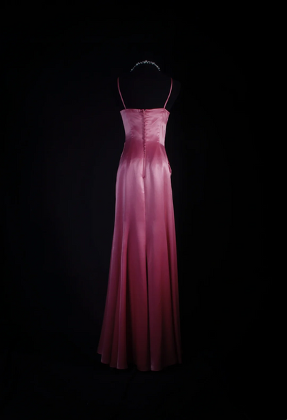 Spaghetti Straps Pink Satin Prom Dress A Line Evening Dress  P521