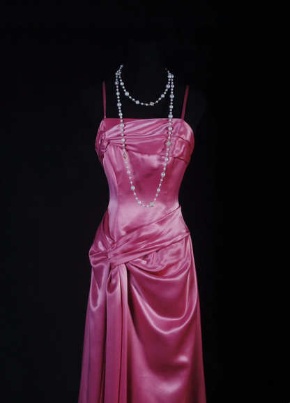 Spaghetti Straps Pink Satin Prom Dress A Line Evening Dress  P521