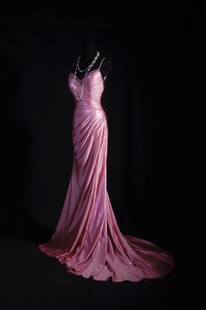 Spaghetti Straps Pink Mermaid Prom Dress Backless Evening Dress  P522