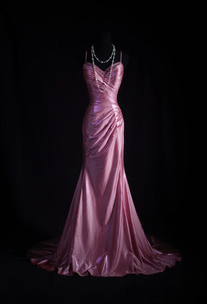 Spaghetti Straps Pink Mermaid Prom Dress Backless Evening Dress  P522