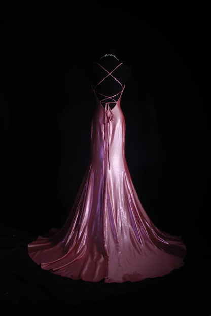 Spaghetti Straps Pink Mermaid Prom Dress Backless Evening Dress  P522