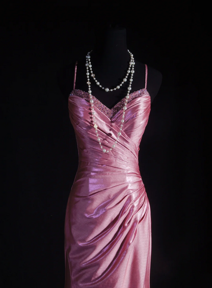 Spaghetti Straps Pink Mermaid Prom Dress Backless Evening Dress  P522