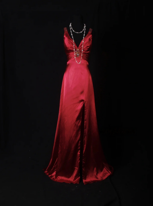 V Neck Red Satin Prom Dress With Slit Backless Beaded Evening Dress   P523