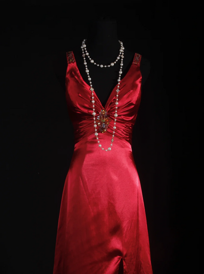 V Neck Red Satin Prom Dress With Slit Backless Beaded Evening Dress   P523