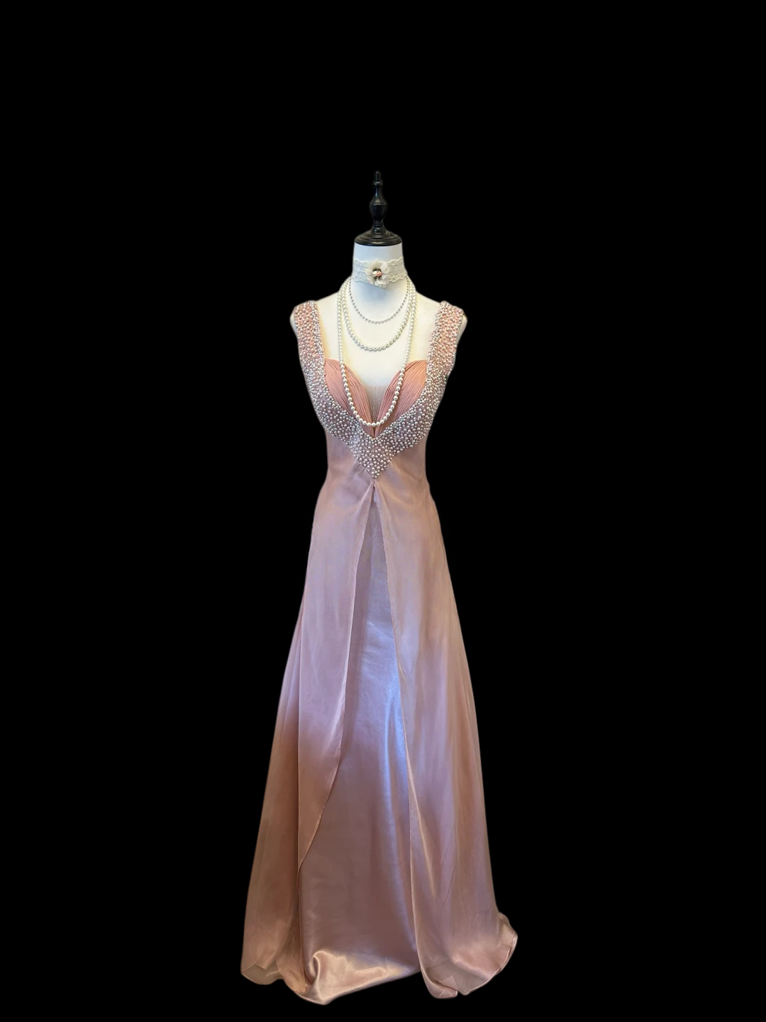 Pink Satin Chiffon Prom Dress With Pearls Formal Evening Dress Party Dress   P524