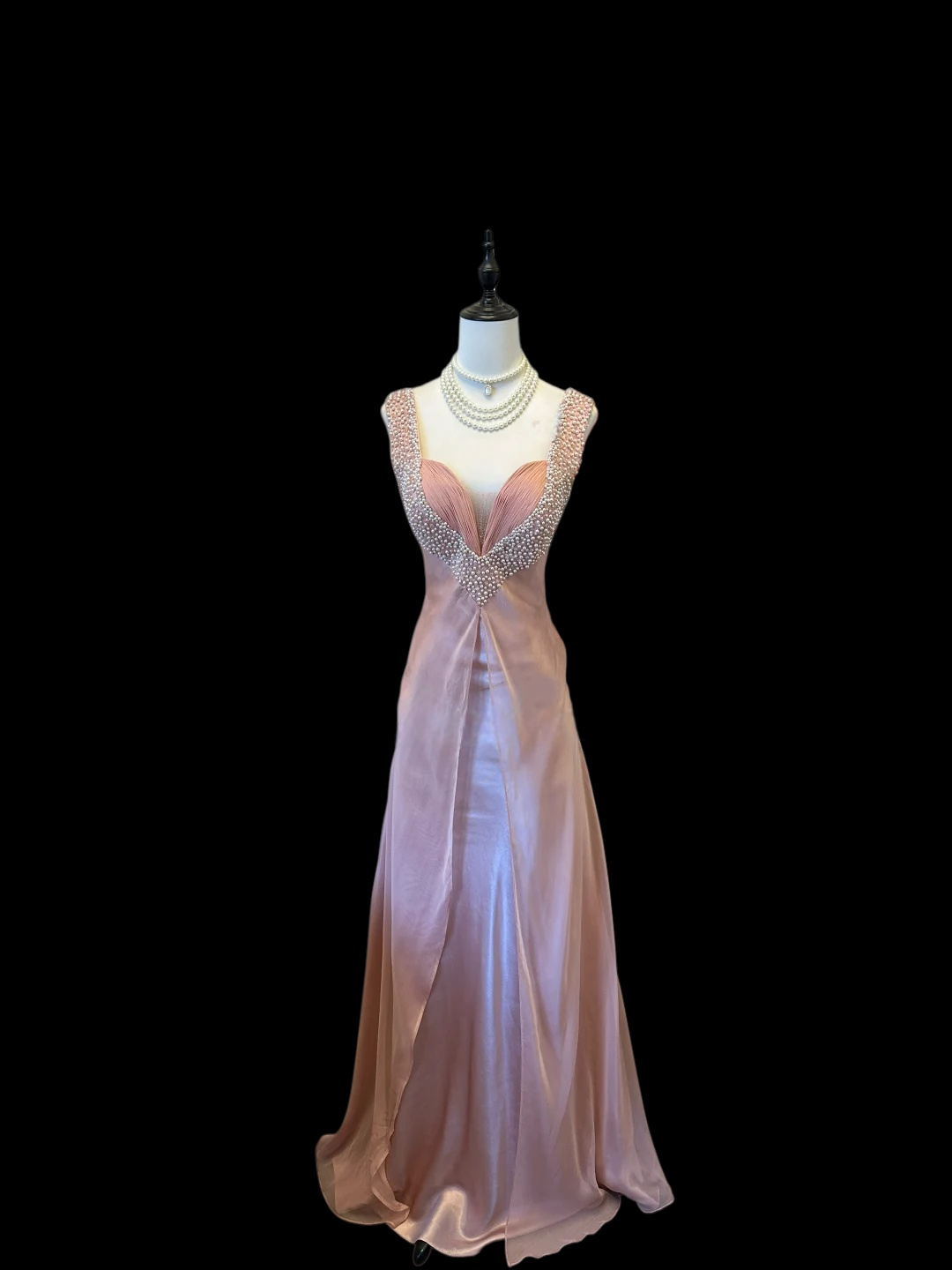 Pink Satin Chiffon Prom Dress With Pearls Formal Evening Dress Party Dress   P524