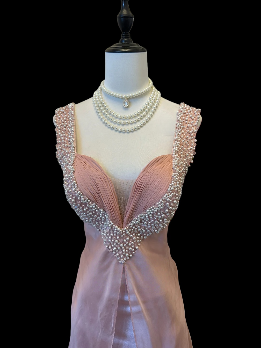 Pink Satin Chiffon Prom Dress With Pearls Formal Evening Dress Party Dress   P524