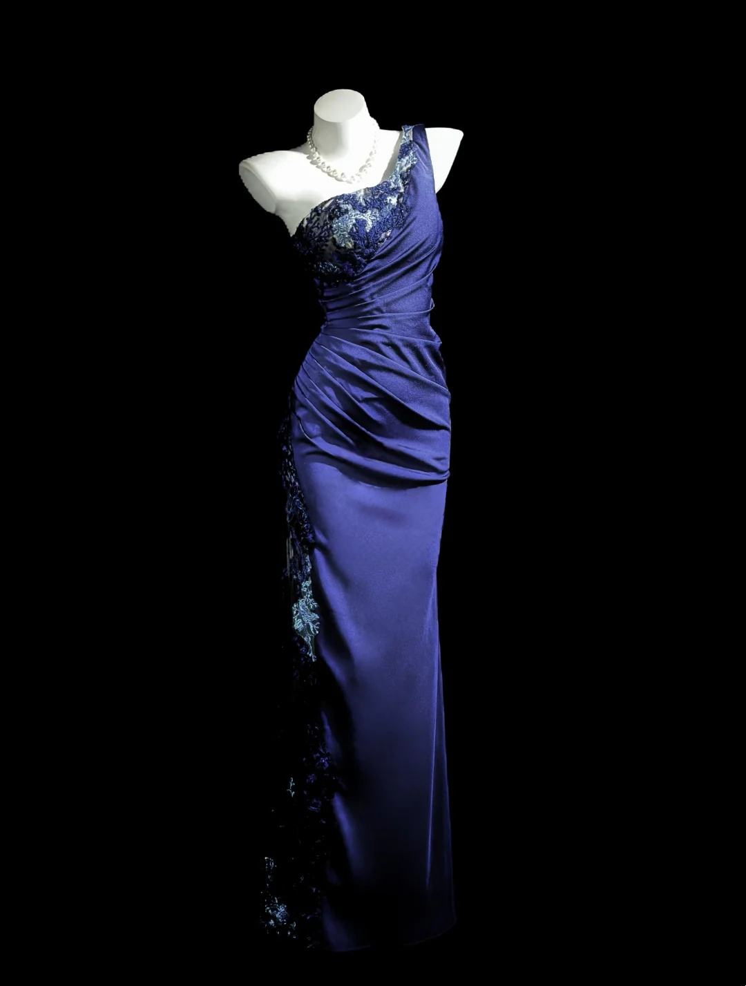 One Shoulder Sheath Satin Prom Dress With Side Slit Appliques Evening Dress  P526