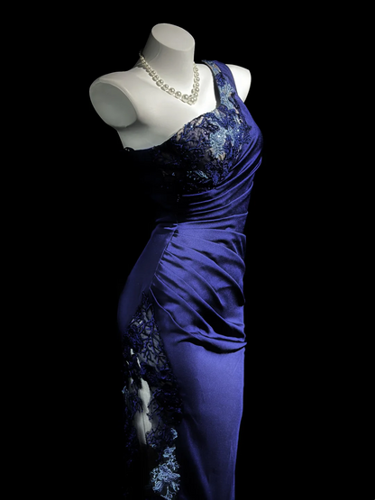 One Shoulder Sheath Satin Prom Dress With Side Slit Appliques Evening Dress  P526