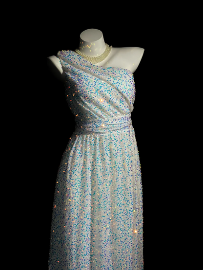 One Shoulder White Sequin Prom Dress Sparkling Formal Party Dress  P527