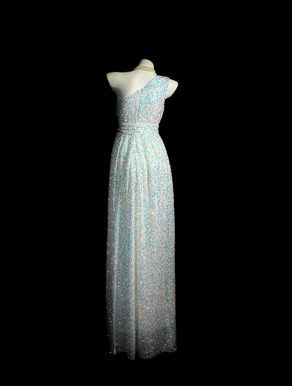One Shoulder White Sequin Prom Dress Sparkling Formal Party Dress  P527