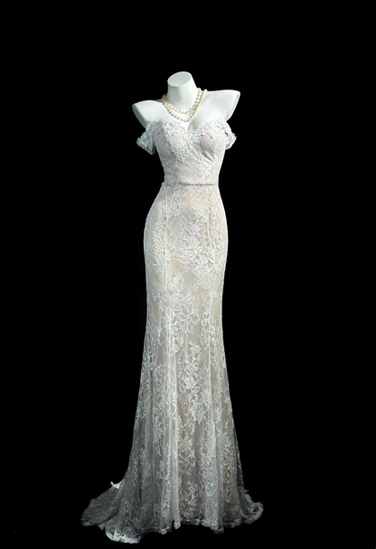 Off The Shoulder Lace Evening Dress Mermaid Wedding Dress For Bridal  P529