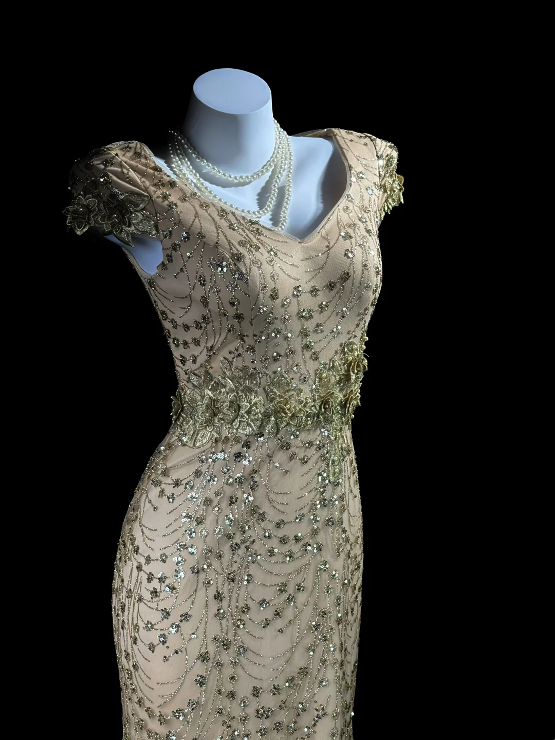 Gold Sequin Lace Mermaid Prom Dress Modest Formal Evening Party Dress  P531