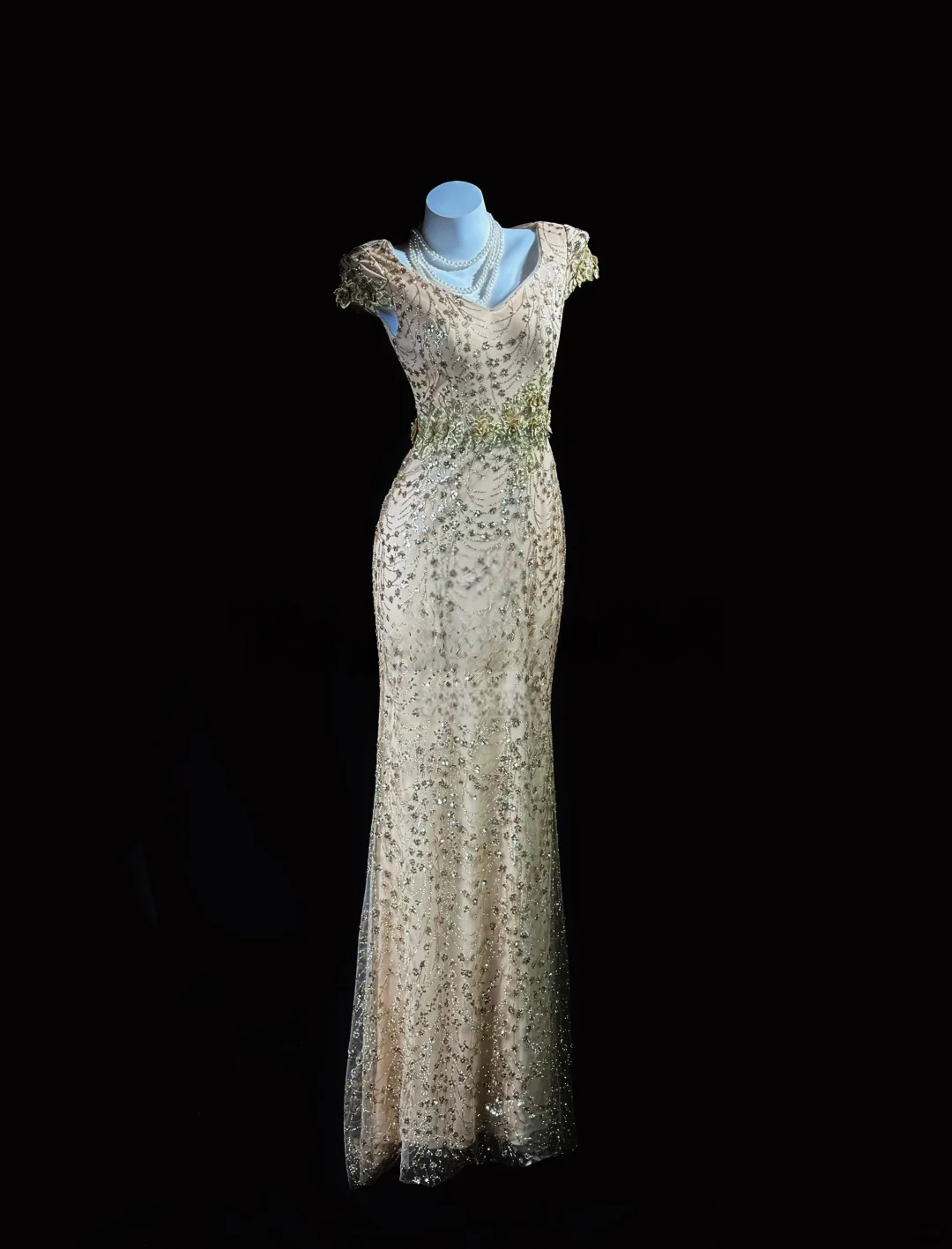 Gold Sequin Lace Mermaid Prom Dress Modest Formal Evening Party Dress  P531