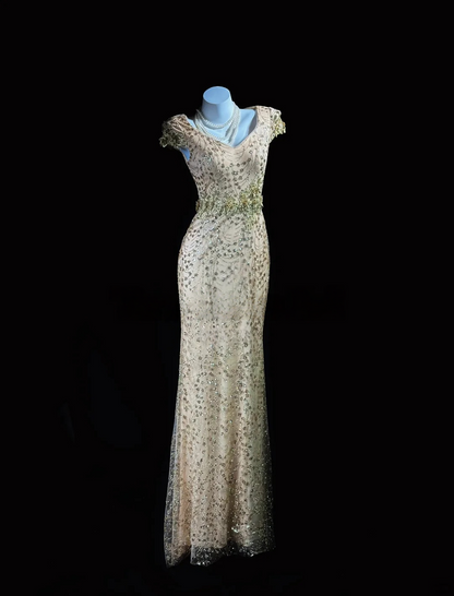 Gold Sequin Lace Mermaid Prom Dress Modest Formal Evening Party Dress  P531