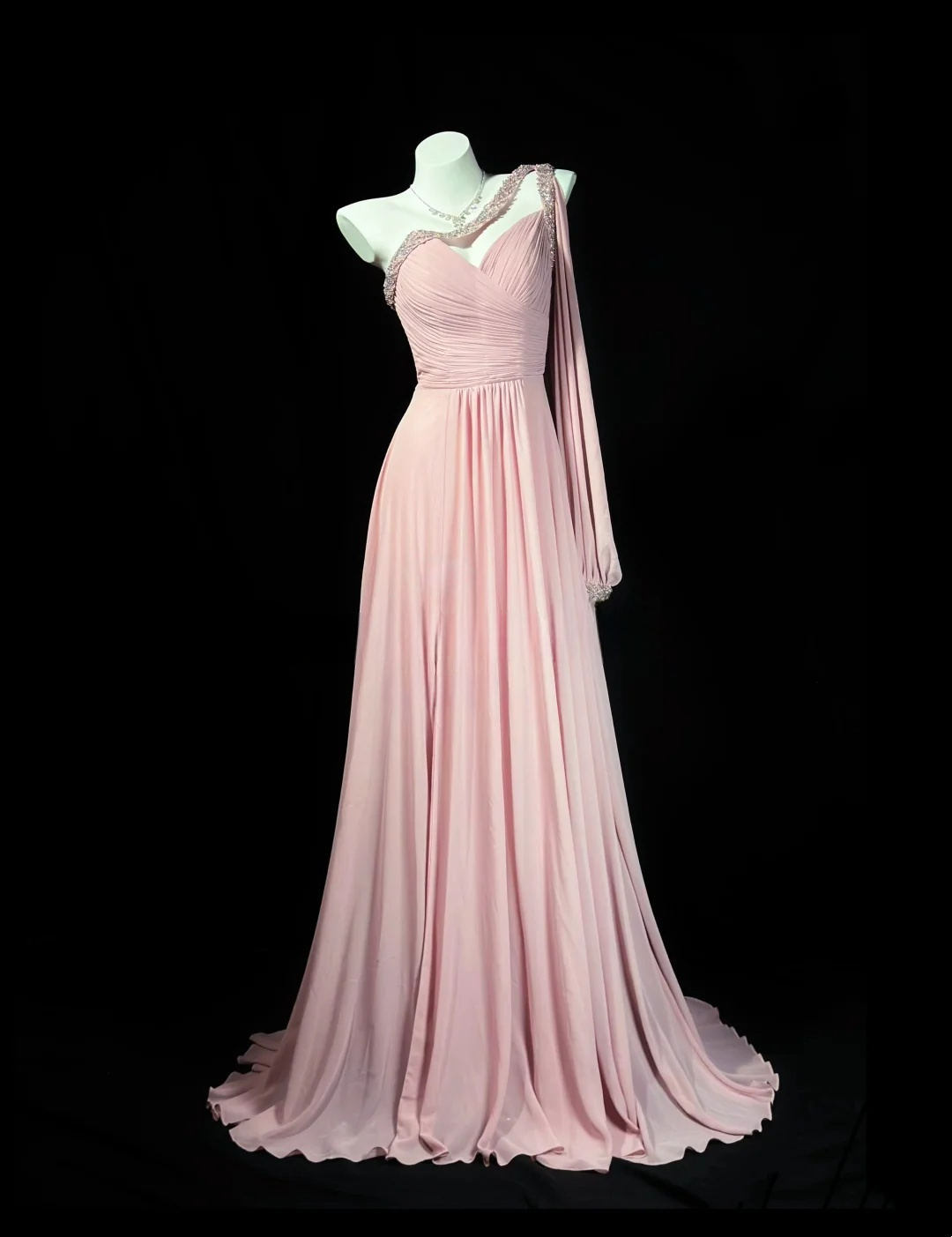 One Shoulder Pink Chiffon Prom Dress Formal Wedding Guest Dress  P536
