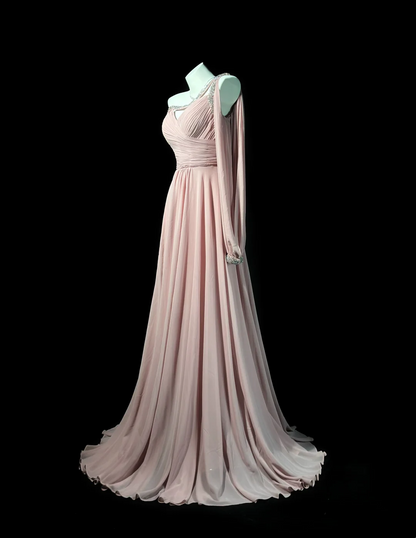 One Shoulder Pink Chiffon Prom Dress Formal Wedding Guest Dress  P536