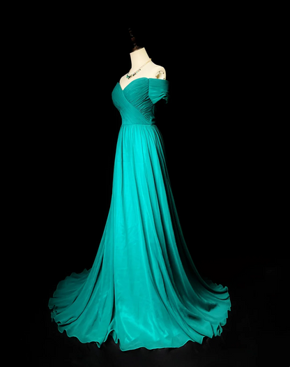 Off The Shoulder Green Chiffon Prom Dress A Line Wedding Guest Dress  P537