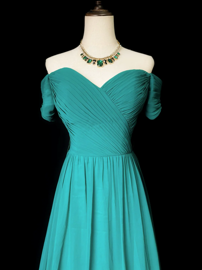 Off The Shoulder Green Chiffon Prom Dress A Line Wedding Guest Dress  P537