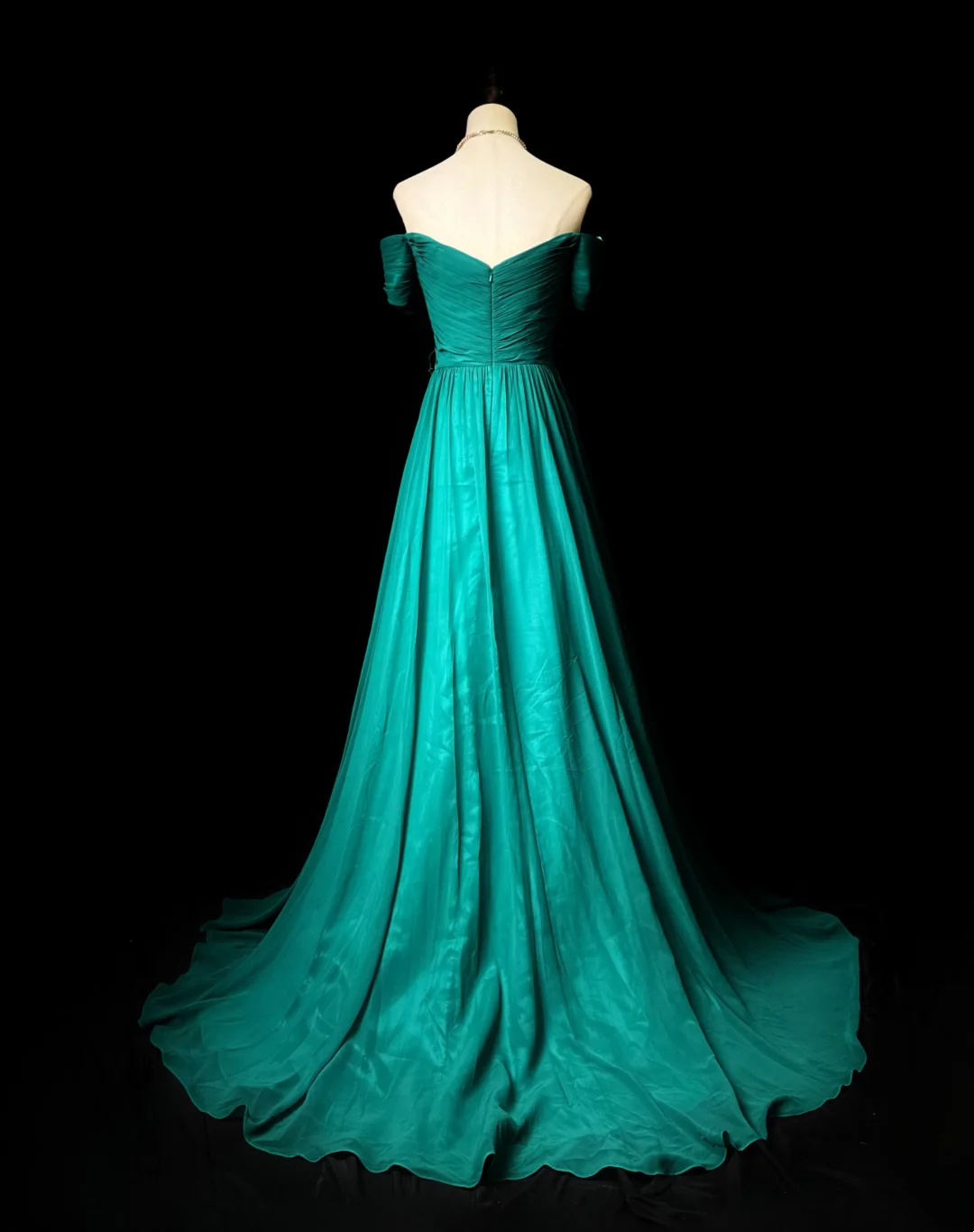 Off The Shoulder Green Chiffon Prom Dress A Line Wedding Guest Dress  P537