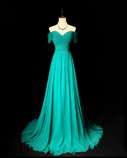 Off The Shoulder Green Chiffon Prom Dress A Line Wedding Guest Dress  P537