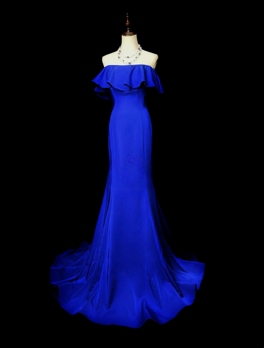 Off The Shoulder Royal Blue Mermaid Prom Dress Ruffled Evening Dress  P540