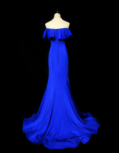 Off The Shoulder Royal Blue Mermaid Prom Dress Ruffled Evening Dress  P540