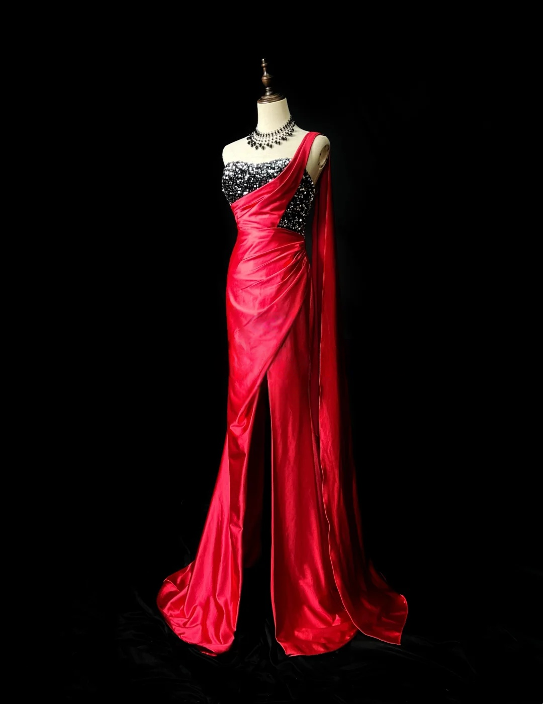 One Shoulder Red Mermaid Satin Prom Dress Elegant Formal Evening Dress  P541