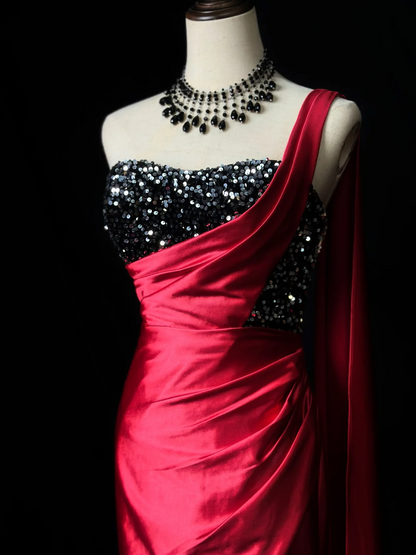 One Shoulder Red Mermaid Satin Prom Dress Elegant Formal Evening Dress  P541